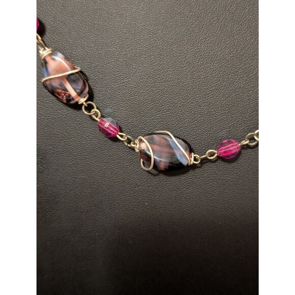 VTG Purple Wire Wrapped Glass Bead & Pink AB Crystal Bead Silver Tone Necklace - Picture 2 of 7